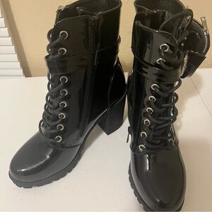 NWOT Black Patent Leather Lace-Up Boots